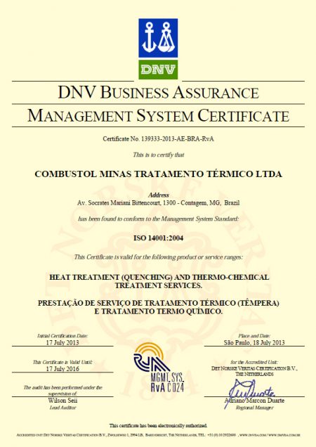 COMBUSTOL Minas conquista Certificação ISO 14001